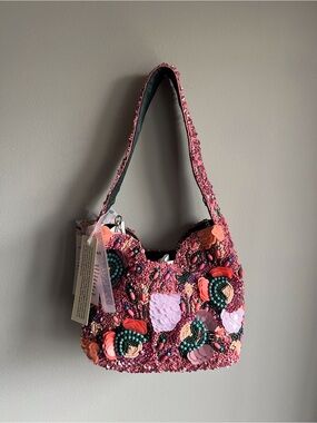 Embellished Pink Floral Shoulder Bag